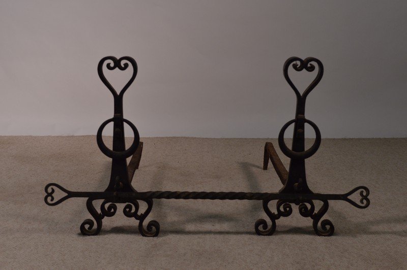 Bradley & Hubbard Wrought Iron Heart Form Andirons: 19 1/2" Tall. Hand forged.