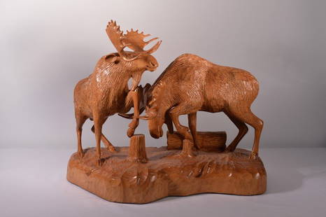 Dennis Dube Wood Carving - Fighting Bull Moose: Canadian Carver