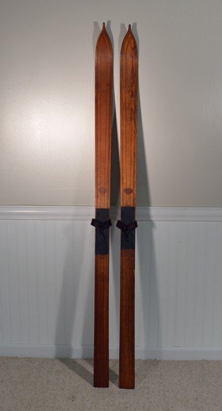 Wooden Skis Made by M.A. Strand Ski Manufacturing: New Richmond, WI. 70 inches long.