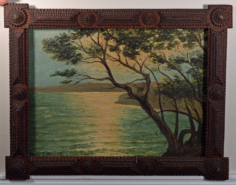Oil on Board Painting by Evelyn Gay Garner: in a well made Tramp Art Frame. Phenix, VA 1938 "Moonlite Ripples" Sight size 10 1/2" x 15". Overall size 14 3/4" x 18 3/4"
