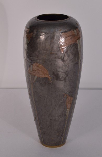 Art Nouveau Brass Enameled Overlay Floral Vase (1 of 1)