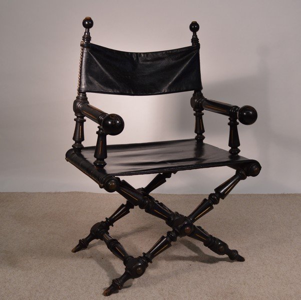 Ebony & Gold Incised Director's Chair with Leather (1 of 3)