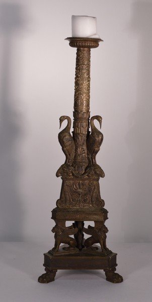 Nelli Roma Signed Bronze 1870's Candle Holder: with bids, rams heads and full bodied griffins. 23 1/2" tall.