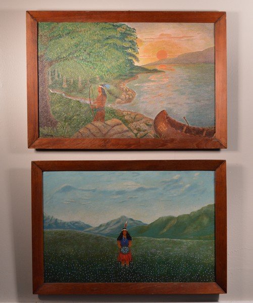 2 Folk Art Native American Oil on Board Paintings: Signed James Millar 1928. 14" x 20"