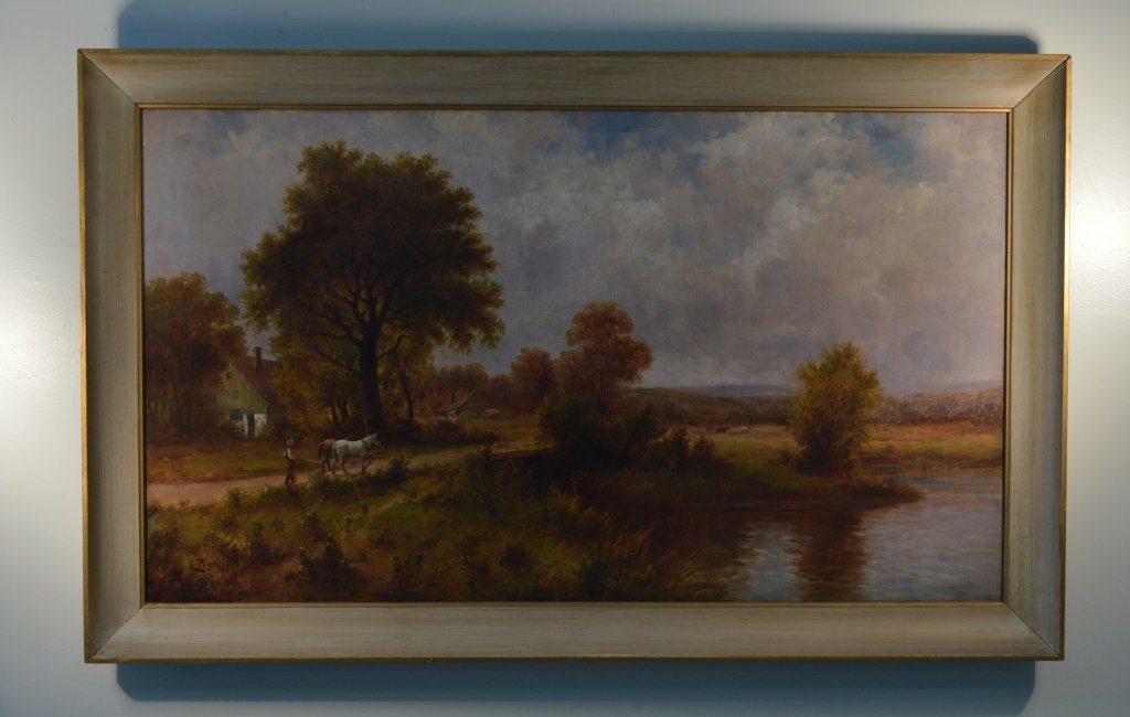 Signed Oil on Canvas Painting: Country Farm scene of man with horses. signed lower left. Overall size 31 1/2" x 51" in a modern frame. We were informed in the preview this painting may not be Levi Wells Prentice. A second opinion t