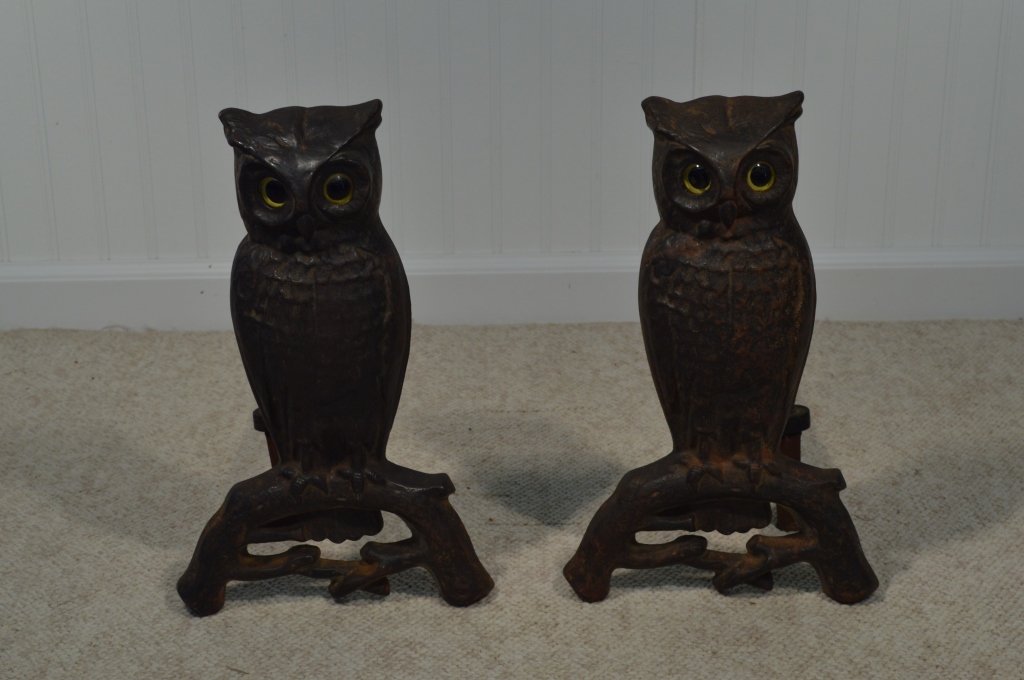 Pair of Owl Glass Eyed Andirons - 15" Tall (1 of 4)