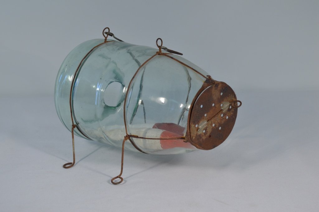 Glass Minnow Trap w/ 2 Red & White Wooden Painted (1 of 2)