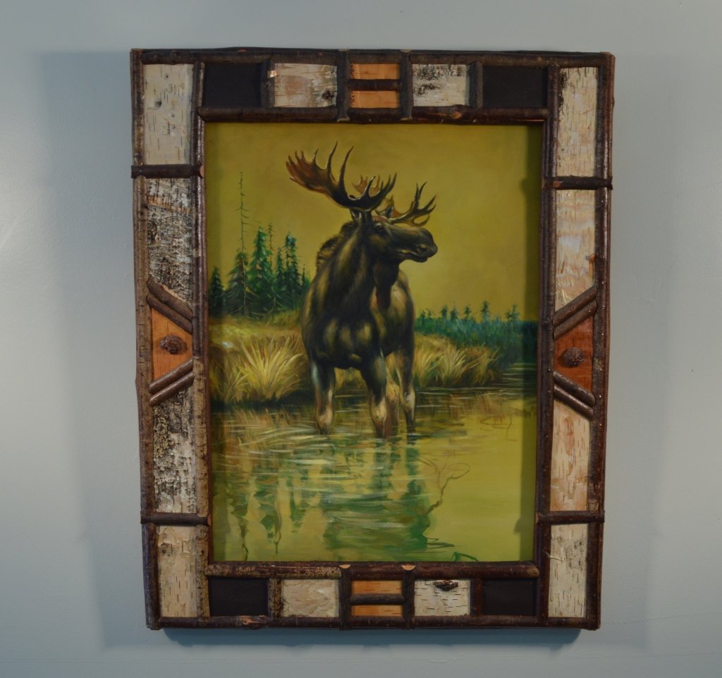 Oil on Canvas Moose in an Adirondack Birch Frame (1 of 2)
