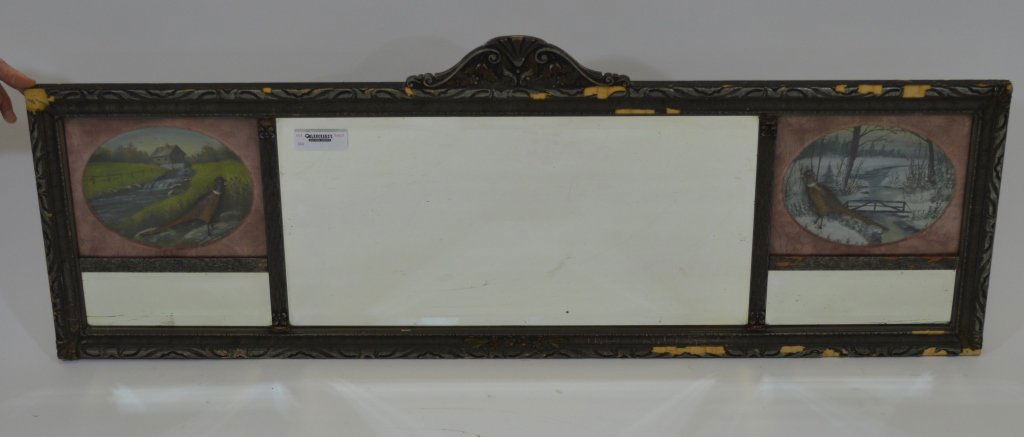 Elmer Crowell Carved & Painted Pheasants: in shadowboxes set in mirror. 48" wide. The shadow boxes measures 8" x 10"