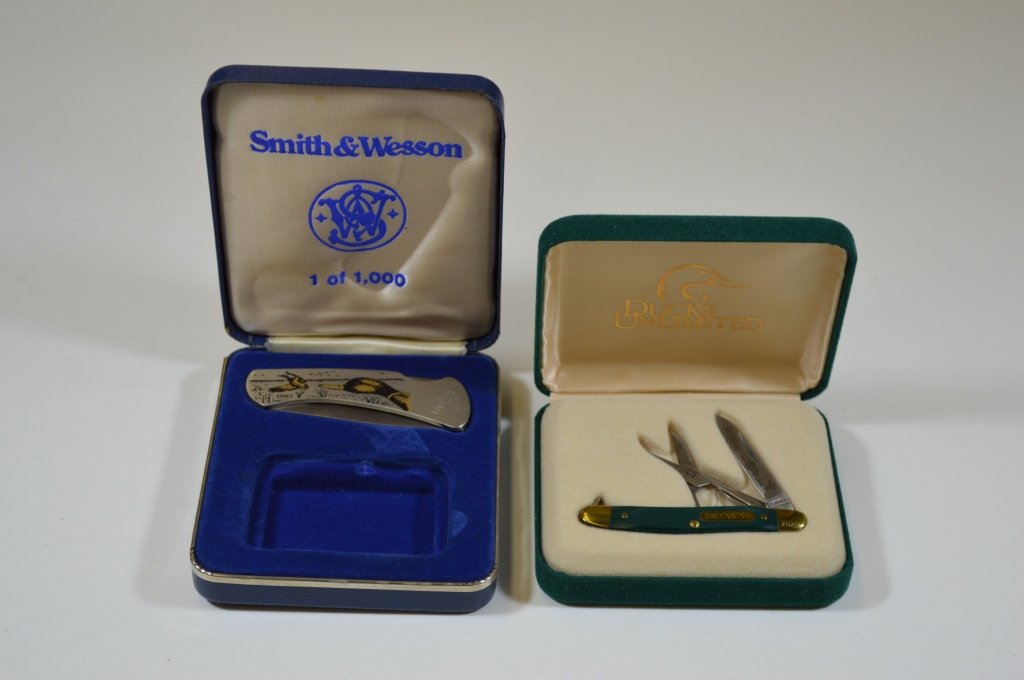 2 Pocket Knives: Ducks Unlimited Green Wing Pocket Knife and a Smith and Wesson 1983 Locking Blade Knife. From the Andy Reese Estate, well known and respected Western NY collector.