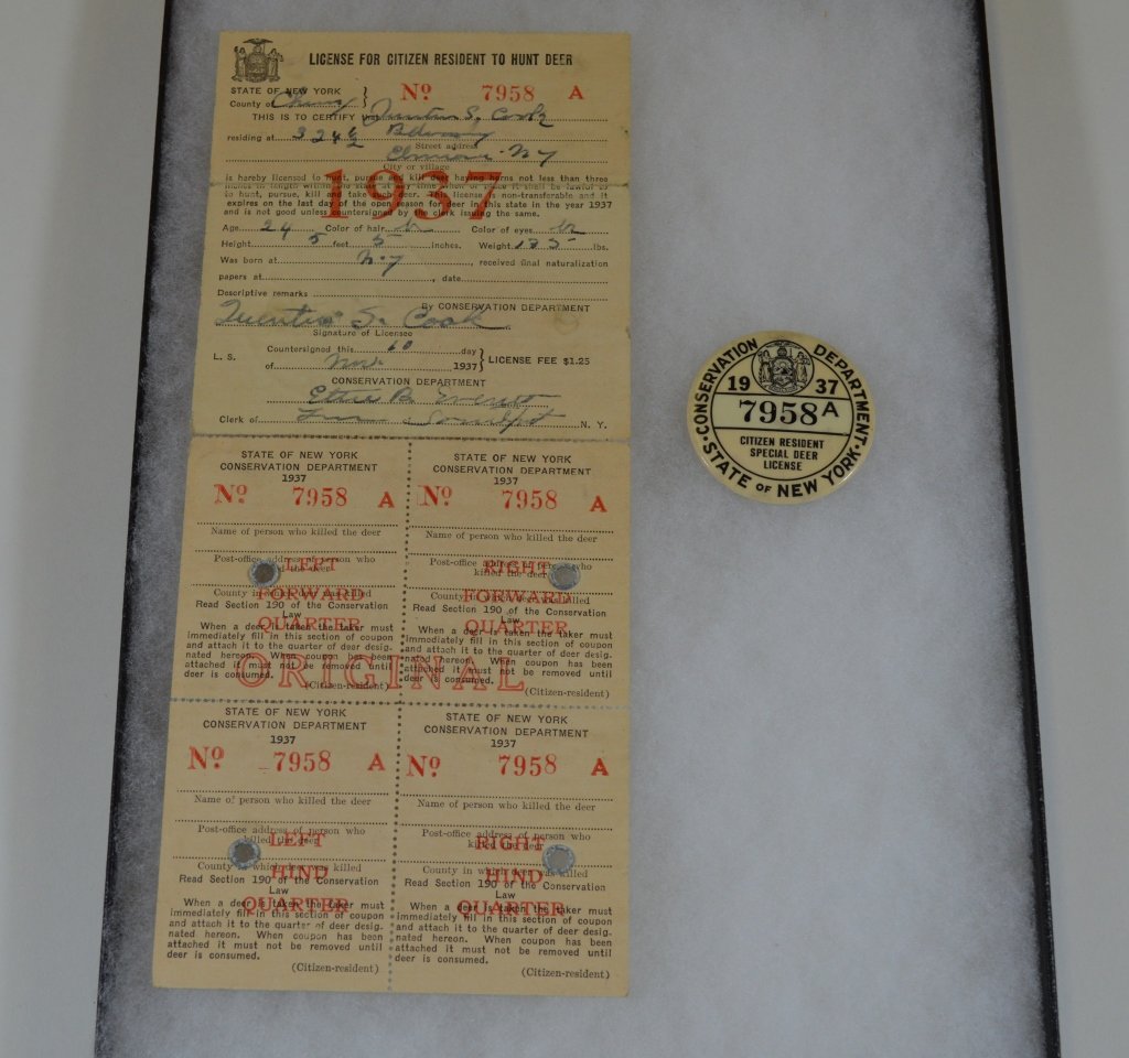 1937 NYS Citizen Resident Special Deer License: with matching paper tag