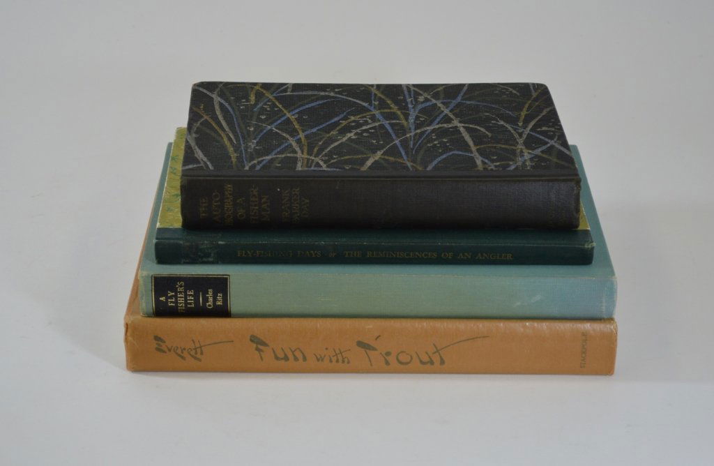 4 Fishing Books: The Autobiography of a Fisherman by Frank Parker Day, 1927 Fly-Fishing Days by Louis V. Pirsson, 1946 A Fly Fisher's Life by Charles Ritz, 1959 Fun with Trout by Fred Everett, 1952. From the Estate of
