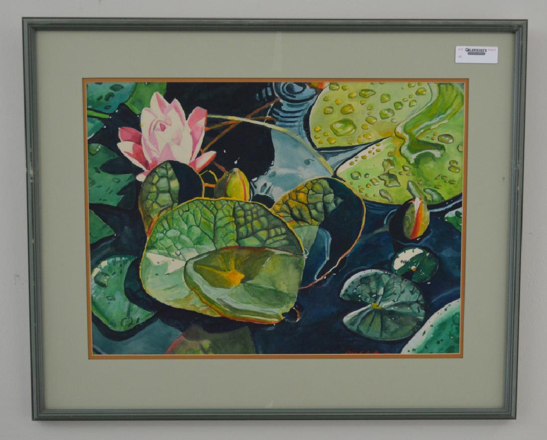 Framed Watercolor of Lilly Pads by Roger Smith: Double matted; Overall size 25" x 31"; Sight size 17 1/2" x 23 1/2"; Signed and dated 1997. From the artist estate.