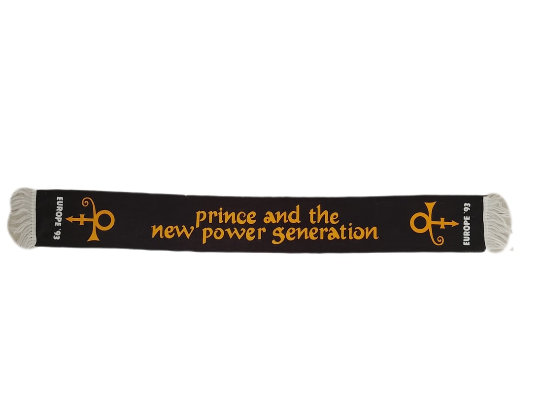 Prince and the New Power Generation European Tour 93' Scarf: A very rare and scarce 'Prince and the New Power Generation' European Tour 93 scarf in fantastic condition. There are very few of these still around and it is a great addition to any Prince collection