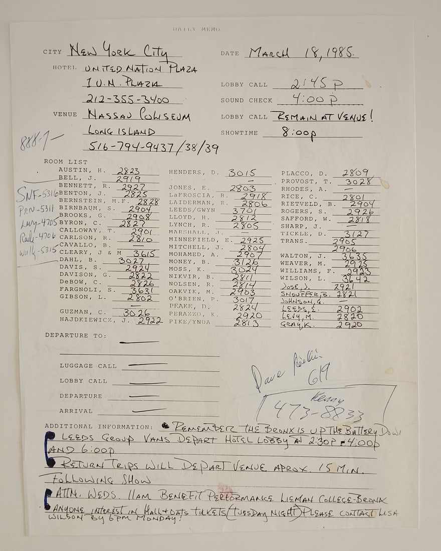 Prince Hand Annotated Purple Rain Tour Rooming List Epperson: This document is hand annotated by Prince on both the front and back of the document. It is a rooming list for Prince and his entourage, dated March 18th 1985, United Nations Plaza, New York City. Pri