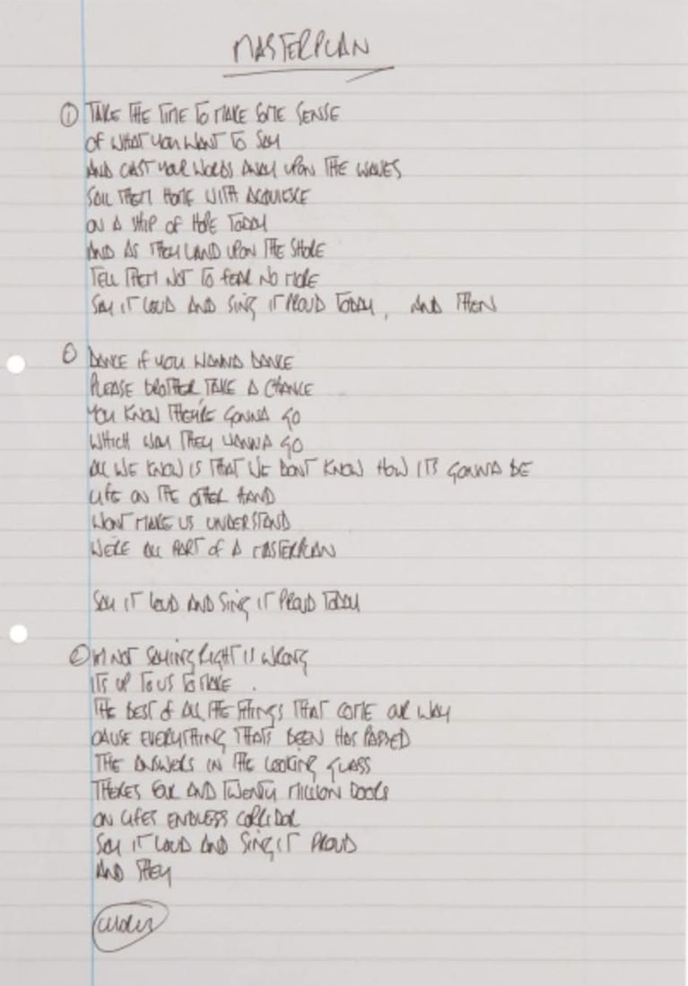 OASIS - Noel Gallagher's Handwritten Lyrics to the song 'The Masterplan': Noel Gallaghers Hand Written Lyrics to 'The Masterplan' in ballpoint pen. This lot comes with a full certificate of Authenticity and Letter of Authenticity from Juliens Auctions.