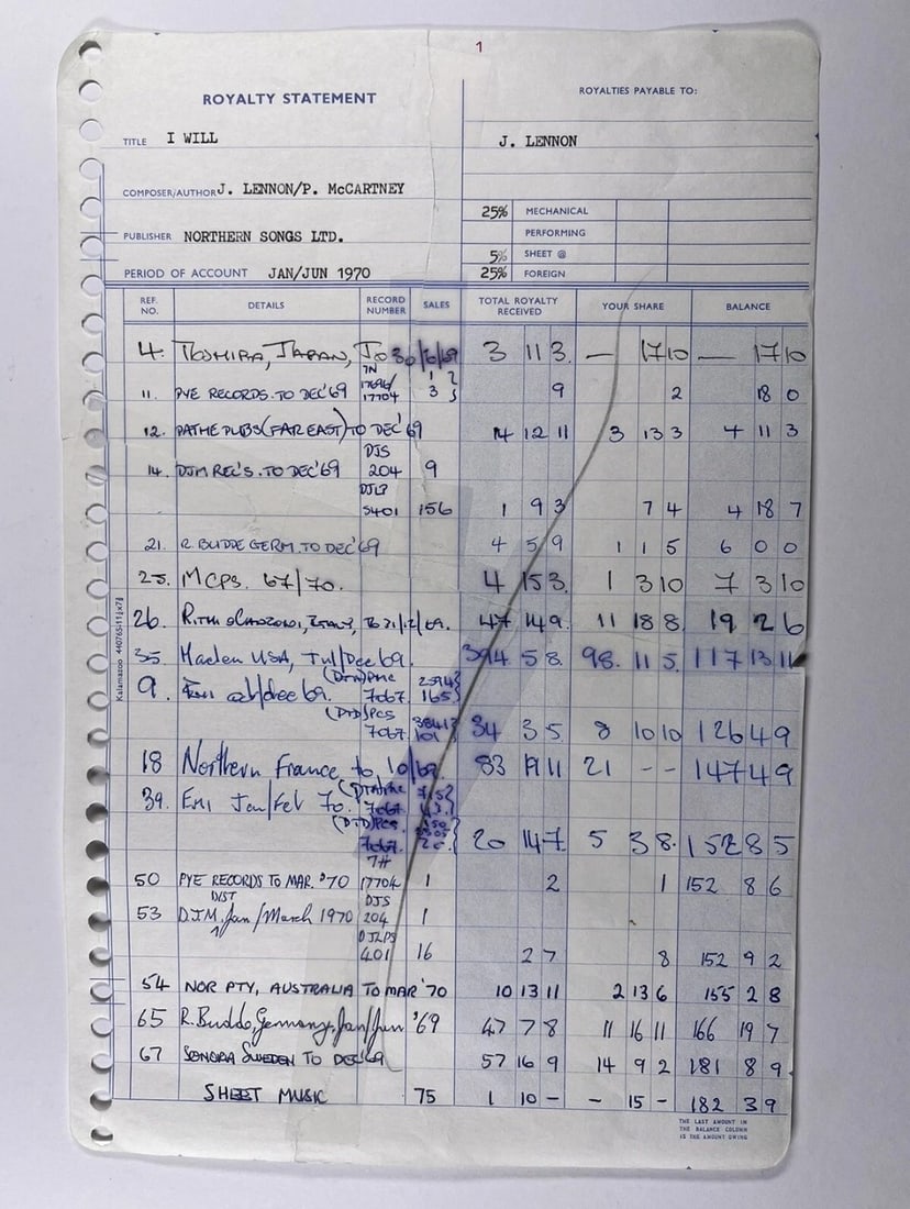 Lennon & McCartney Royalties Statement for the song 'I Will' (1 of 1)