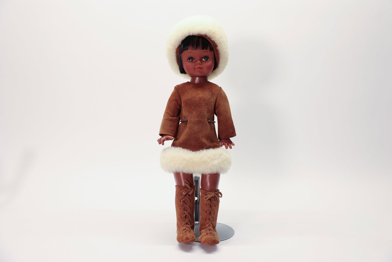 Vintage Reliable Canada 17" Doll Suede Shearling: Vintage 17-inch doll by Reliable, a well-known Canadian doll manufacturer, dressed in a themed suede outfit with genuine shearling trim. The doll features a molded vinyl/hard plastic head with painted