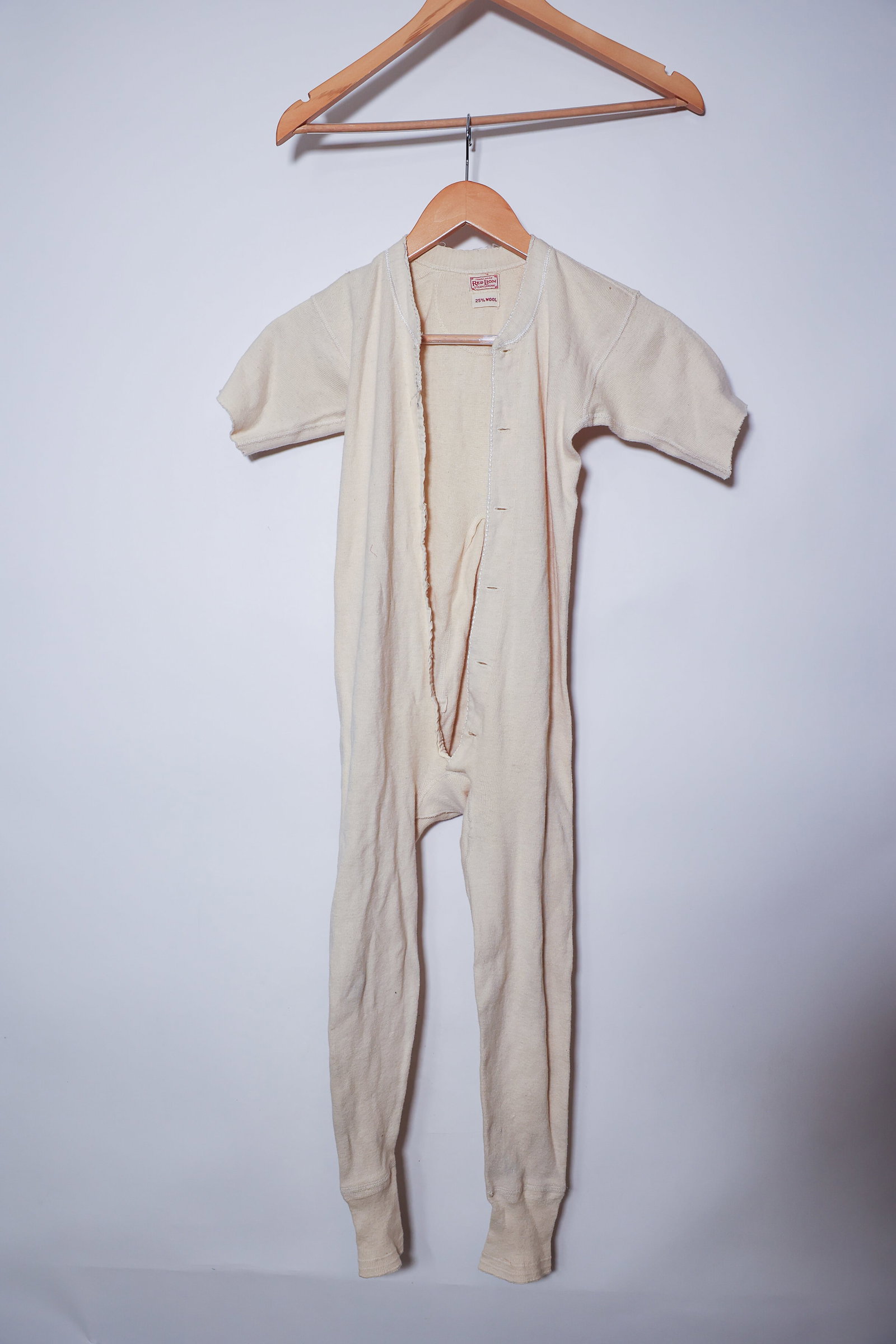 Vintage Red Lion Union Suit Kids Long Johns: Authentic vintage Red Lion brand children's union suit (long johns), featuring the classic short-sleeve, button-front design with the traditional "butt flap" back closure. Tagged "Red Lion, Trade Mark