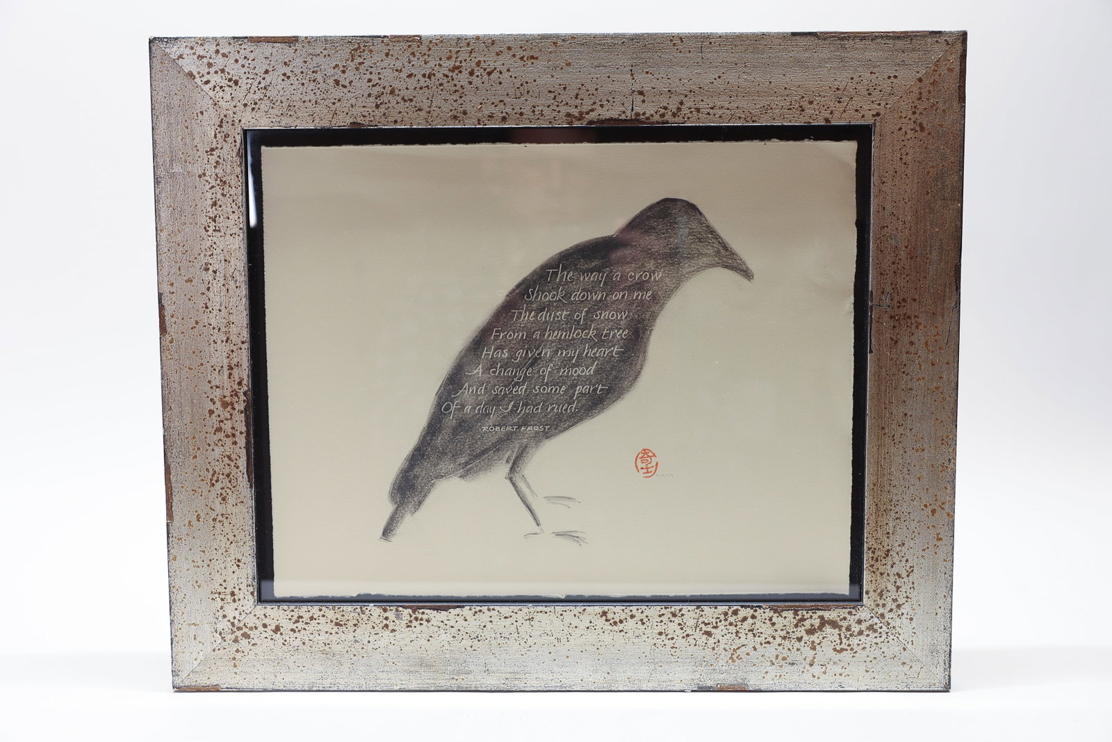 Kaya Robert Frost "Dust of Snow" Crow Art: Original signed artwork by artist Kathryn Aya (working as "Kaya" of Seaside, Oregon), featuring a beautifully rendered charcoal/graphite drawing of a crow paired with the full text of Robert Frost's p