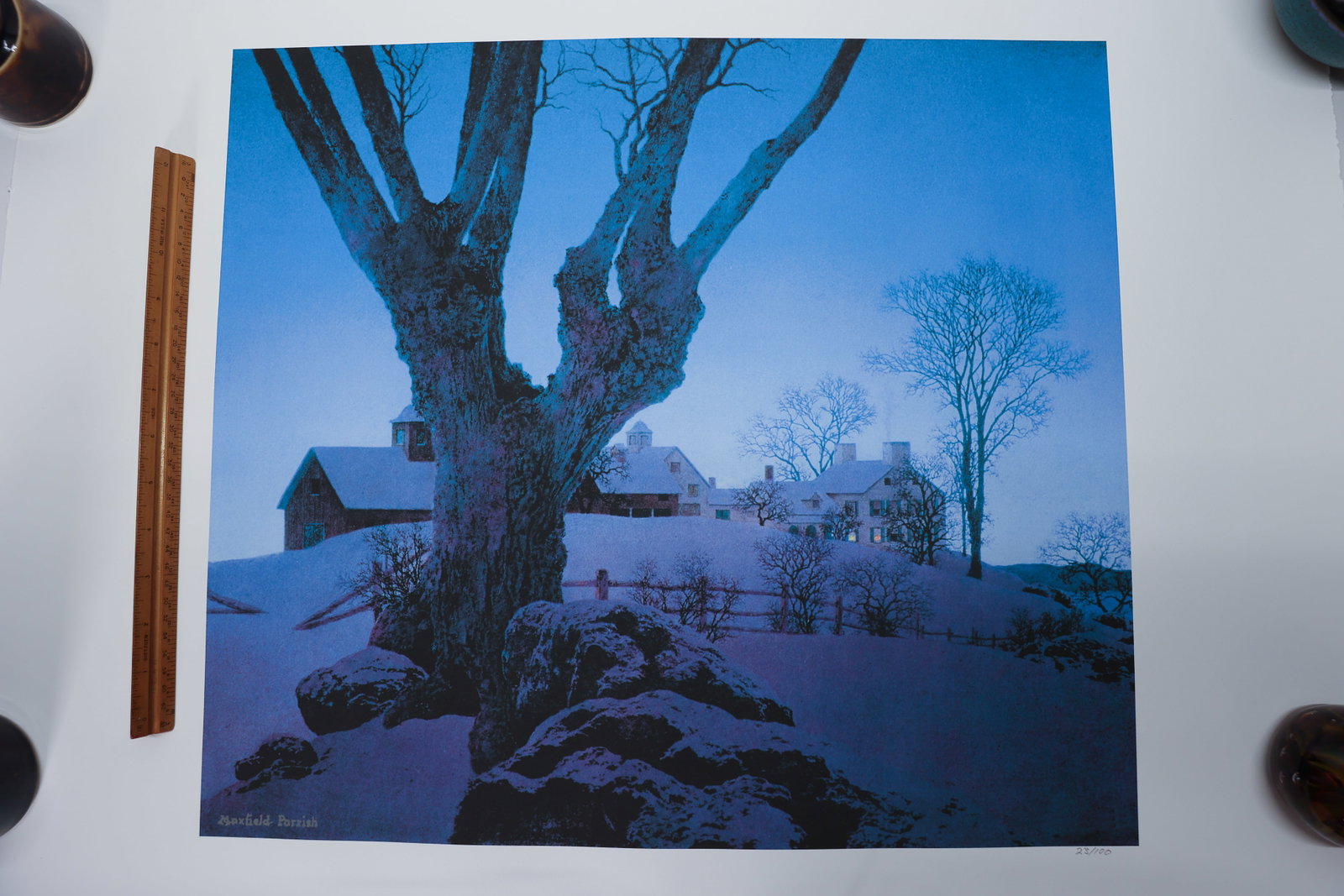 Hilltop Farm Archival Print Maxfield Parrish: A beautiful archival, acid-free reproduction print of Maxfield Parrish's iconic winter landscape "Hilltop Farm," rendered on quality heavyweight paper that captures the artist's signature luminous blu