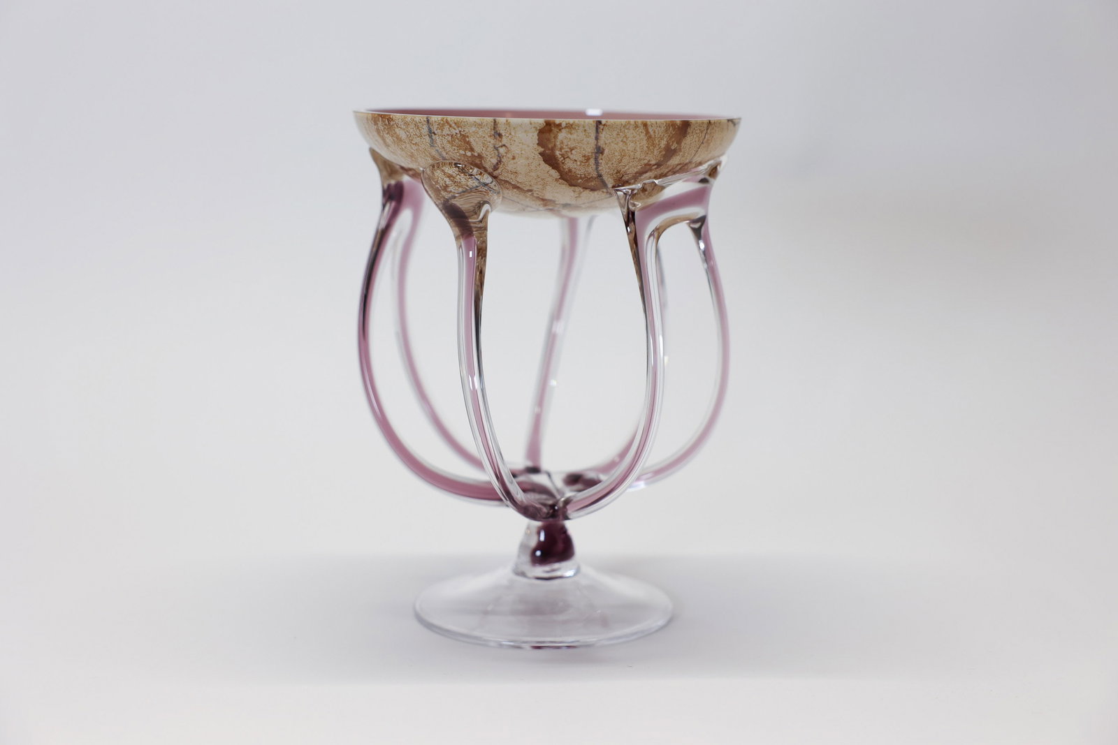 Krosno Art Glass Jellyfish Compote Poland: Description:A striking vintage art glass pedestal compote from Jozefina Krosno, Poland, hand-blown in a dramatic "jellyfish" or "octopus" design. The bowl features a beautifully mottled amber and tan 
