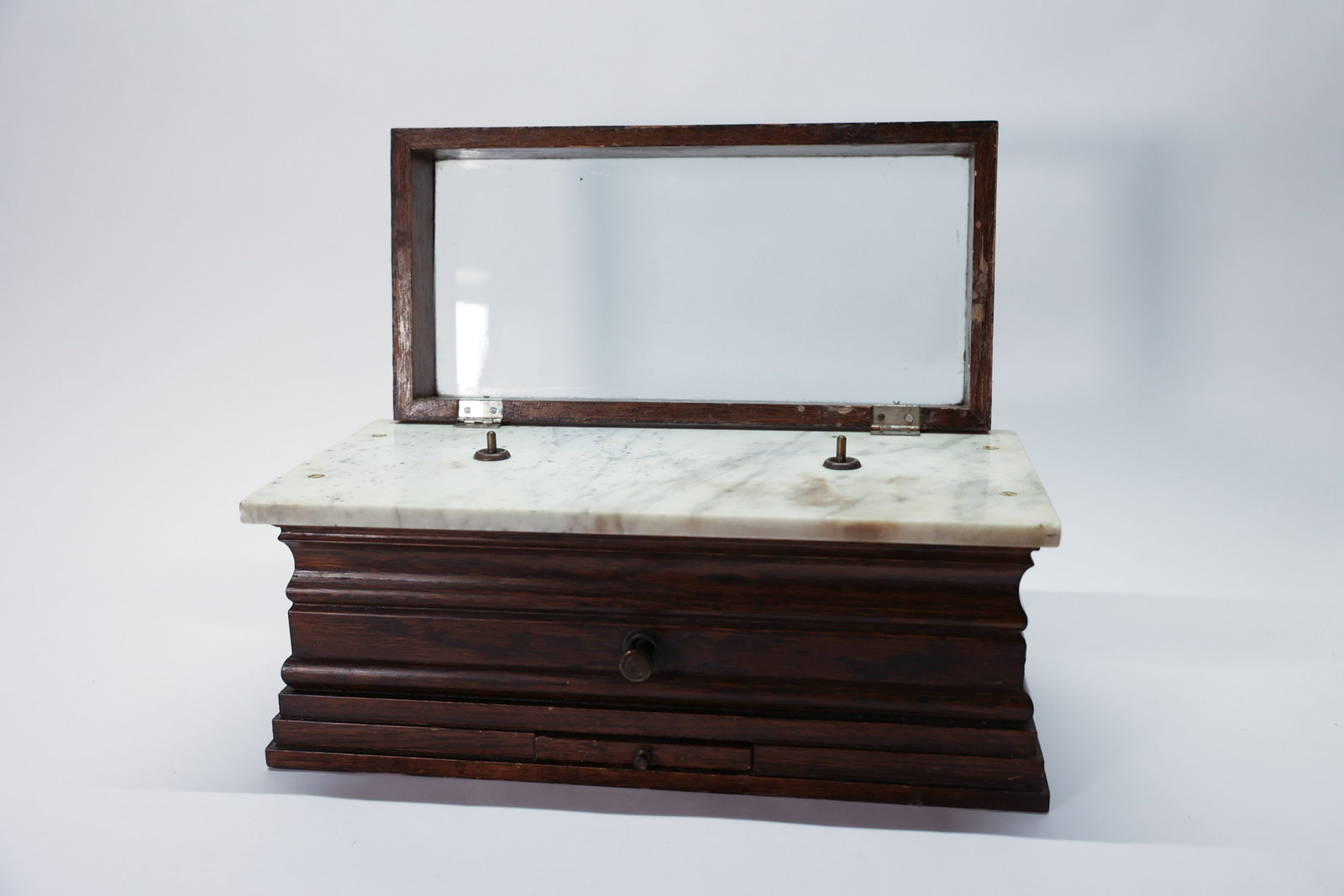 Antique Apothecary Balance Scale: Marble base with wooden cabinet. 1870s. Without weights or pans. See photos for condition report. Very neat! 7 3/4” tall, 7 1/2” deep x 14 1/2” long.Dimensions: H: 7.75", W: 7.5",