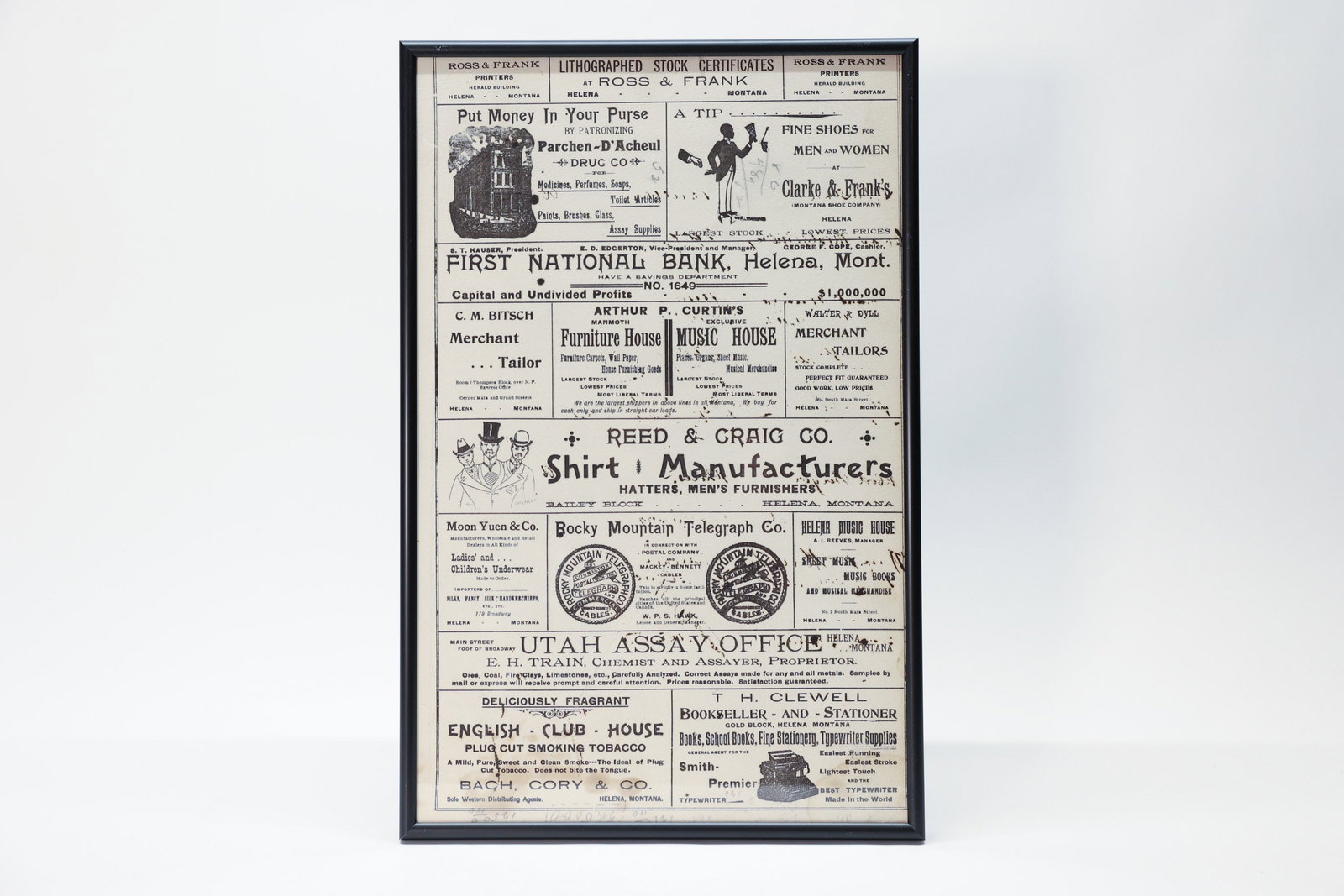 Framed Antique Helena Montana Newspaper Page: Ephemera. Featuring advertisements in the Helena Independent. Late 1800s. Handwritten notes. 11” x 17”.Dimensions: H: 17", W: 11"