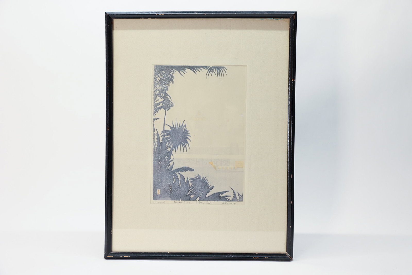 Framed Temple Fires by Samuel Bryant Lang: Woodblock print. Samuel Bryant Lang (Langcaster) 1858-1937. 12 3/4 x 17”.Dimensions: H: 17", W: 12.75"