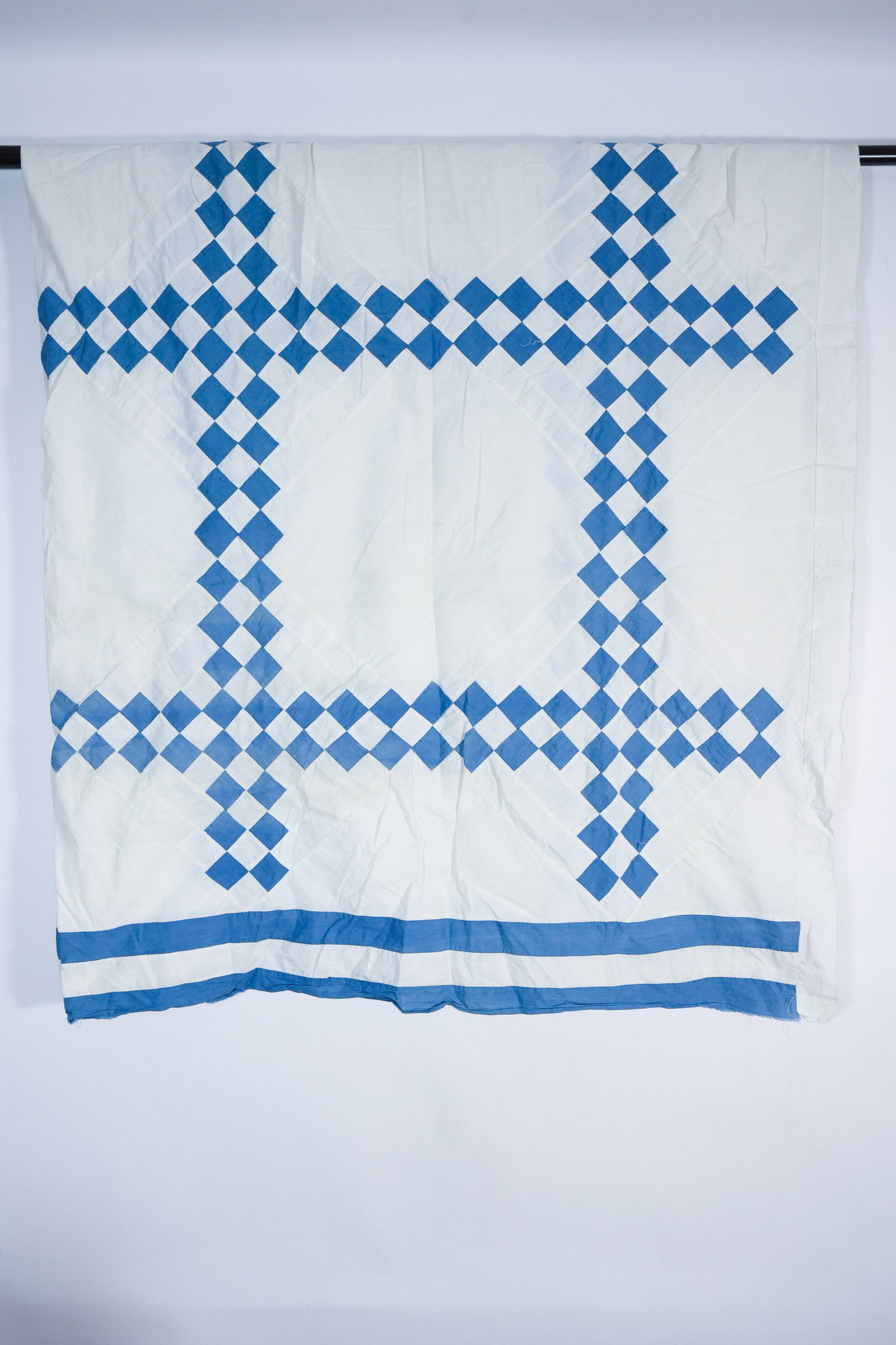 Hand Pieced Irish Chain Quilt Top: Blue and white. Lovely. 80 x 75".Dimensions: H: 4", W: 12", L: 12"