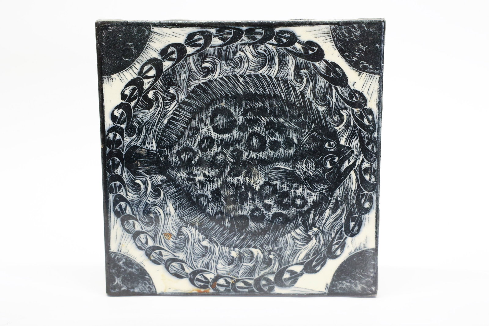David Regan Woodcut Flounder Tile: Born in Buffalo, New York, in 1964, Regan studied at the Rochester Institute of Technology and the Nova Scotia College of Art and Design. He completed a residency at the Archie Bray Foundation in