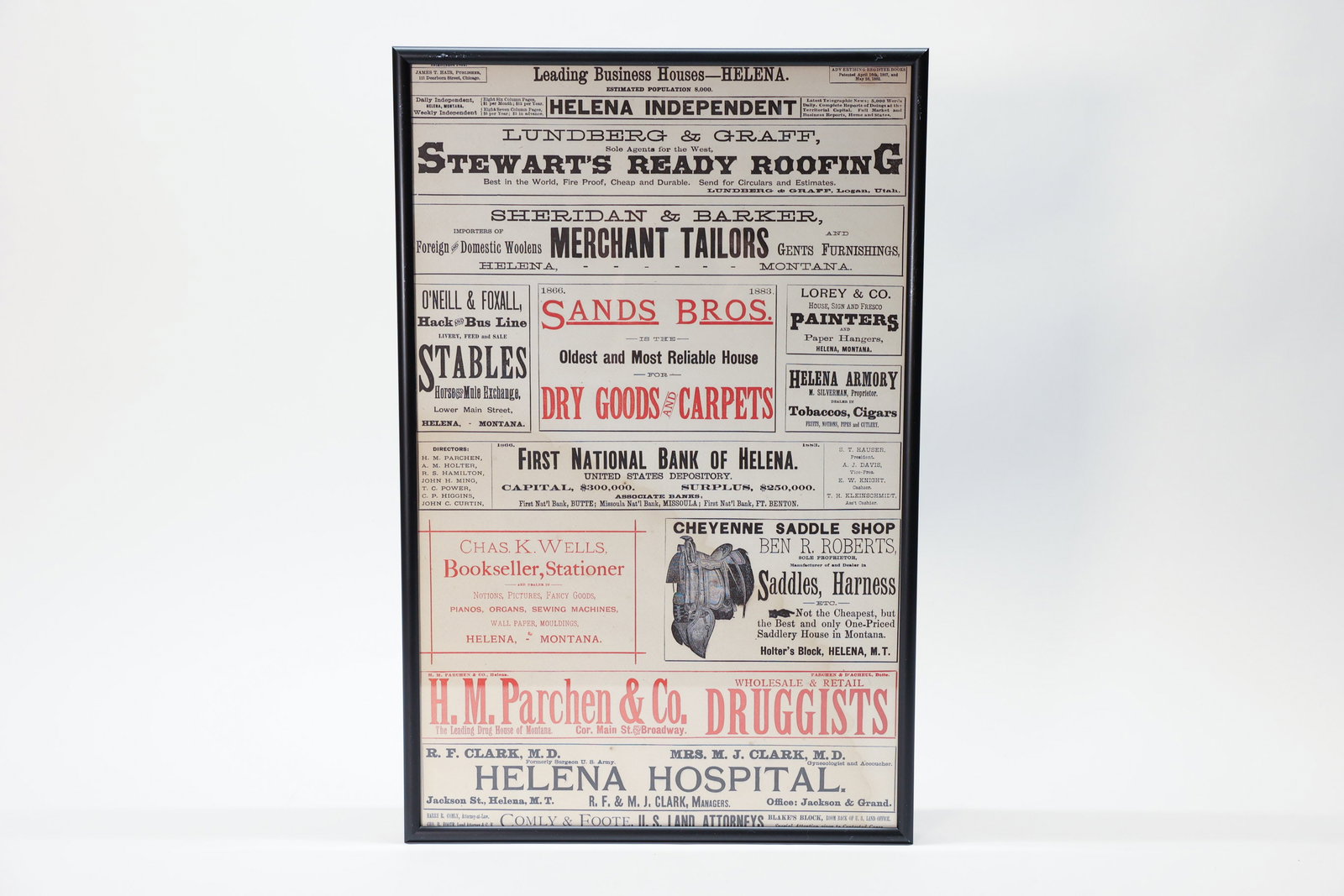 Framed Antique Helena Montana Newspaper Page: Ephemera. Featuring advertisements in the Helena Independent. Late 1800s.Dimensions: H: 17.25", W: 11.25"
