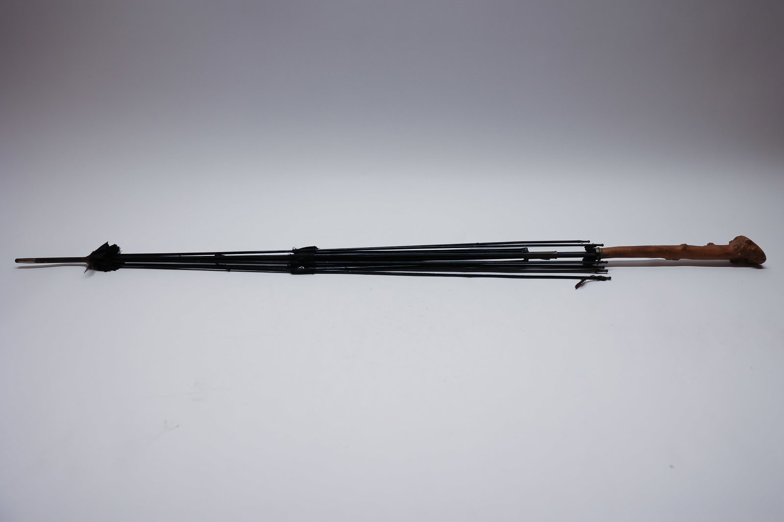 Victorian Burl Wood Handle Umbrella Frame: A wonderfully sculptural antique umbrella frame with a substantial Victorian/Edwardian burl wood handle, showcasing rich, carved knotty detail and a nicely turned finial end. The wire rib framework