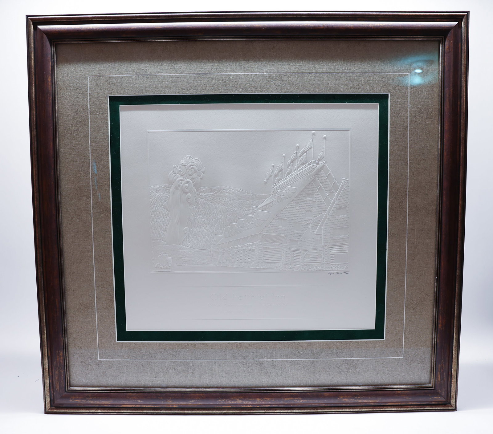 Old Faithful Inn Embossed Print 165/2500: A beautiful embossed/blind-relief art print titled "Old Faithful Inn, 100th Anniversary, 1904-2004, Yellowstone National Park," signed and numbered 165/2500 by artist Meghan Melena. The all-white