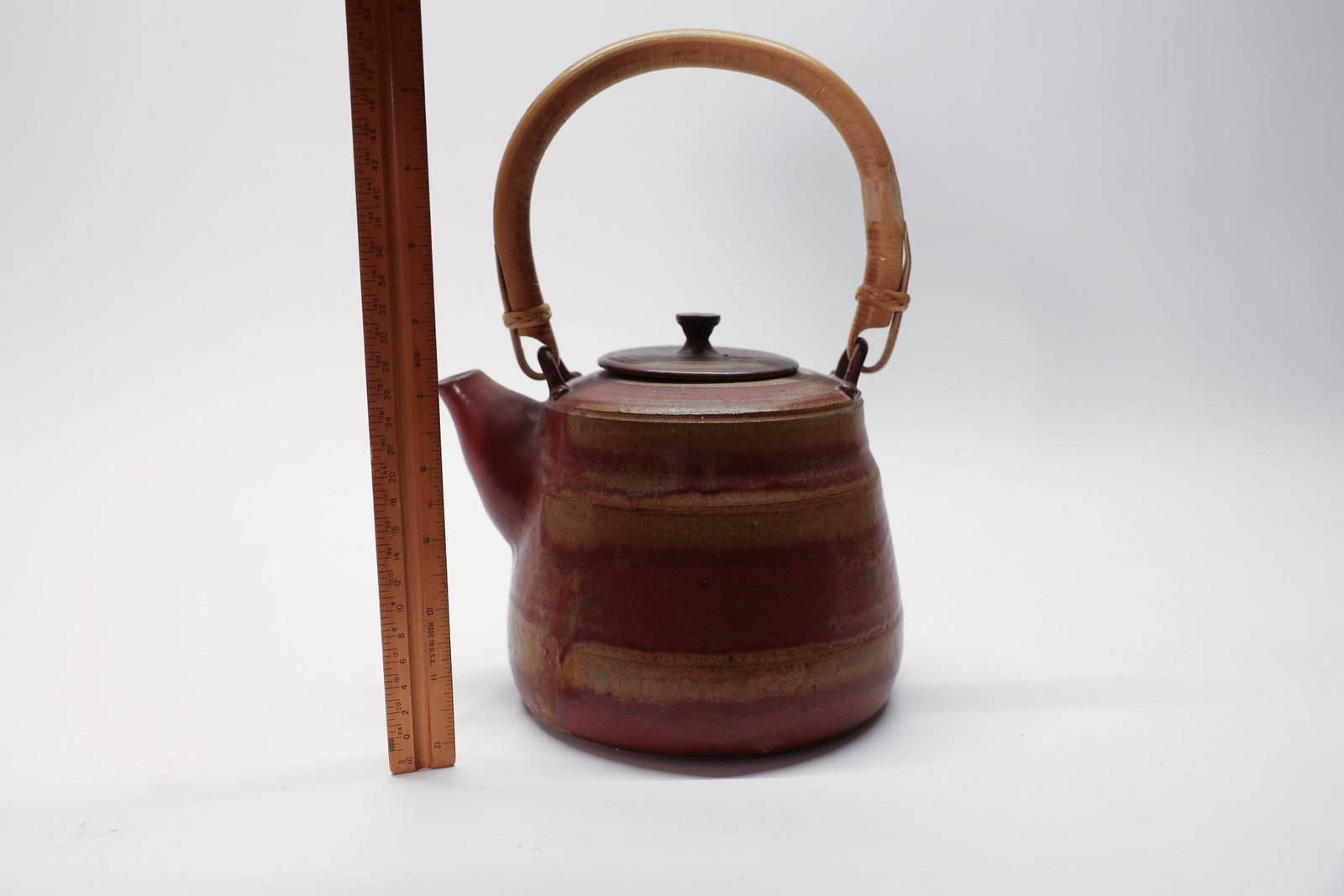 Studio Pottery Teapot Signed Bamboo Handle - 2