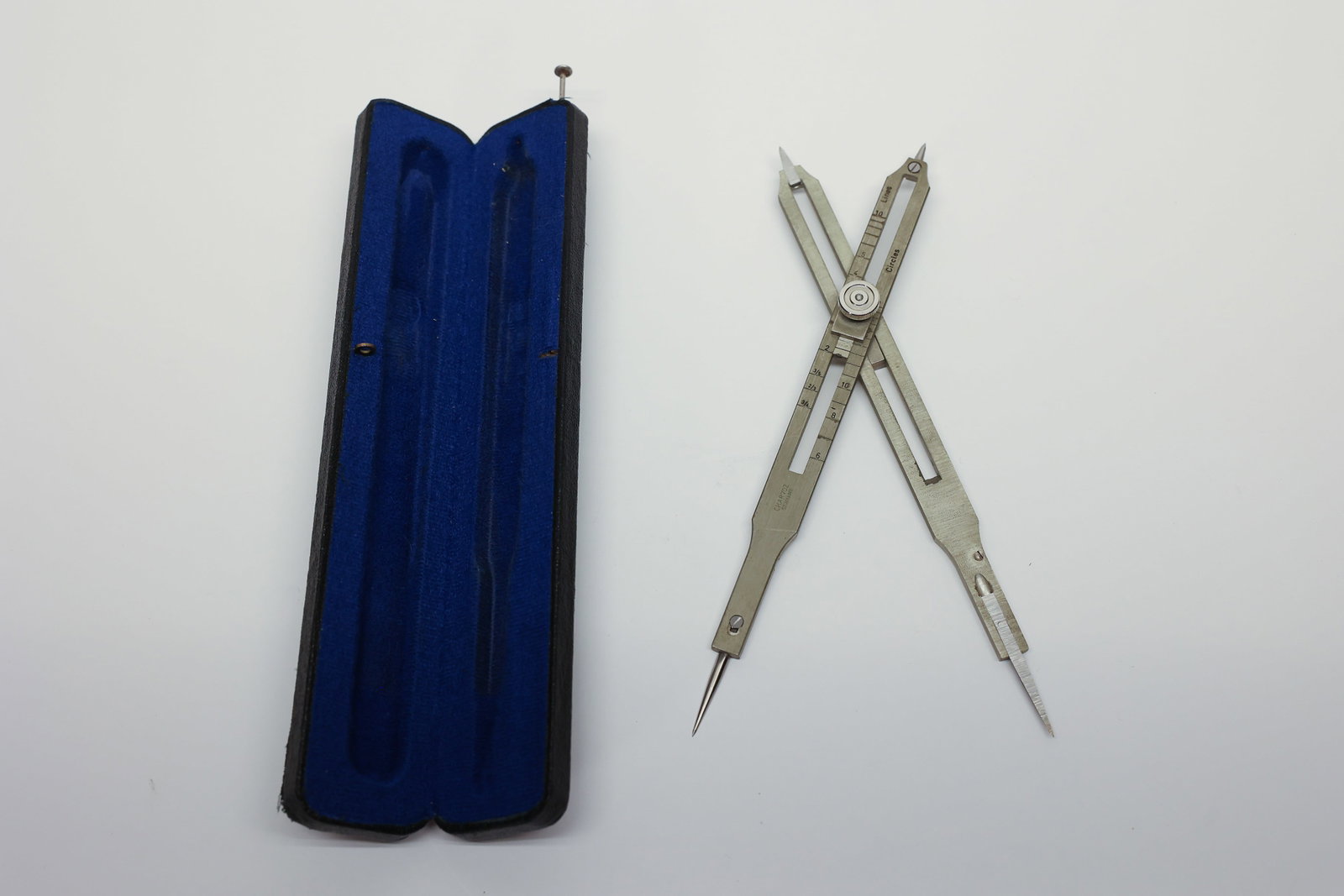 Proportional Divider Drafting Tool Charvoz w/ Case: Vintage precision drafting compass by Charvoz, model 11-2287, housed in its original fitted case. This is an adjustable proportional divider/compass with a sliding scale marked for "Lines" and
