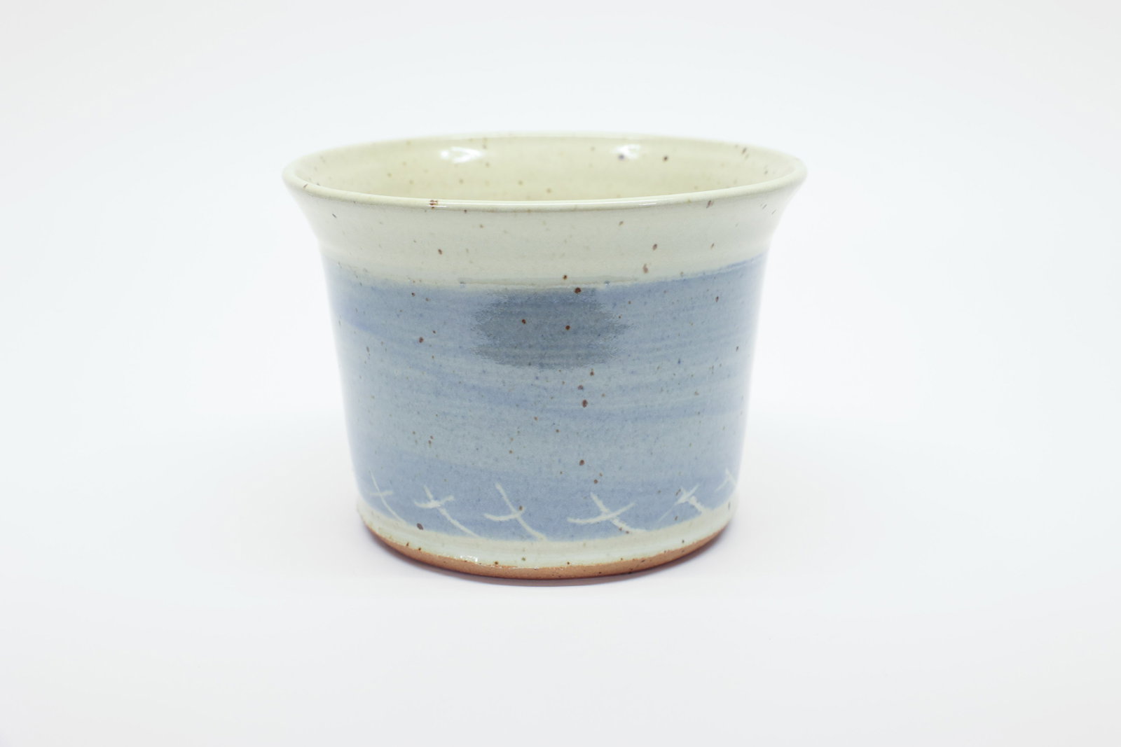 Signed Studio Pottery Vessel Blue & Cream Glaze: Hand-thrown studio pottery planter with a flared rim, glazed in a soft cream tone at the top transitioning to a mottled powder-blue band around the body, finished with a simple carved crosshatch/wave