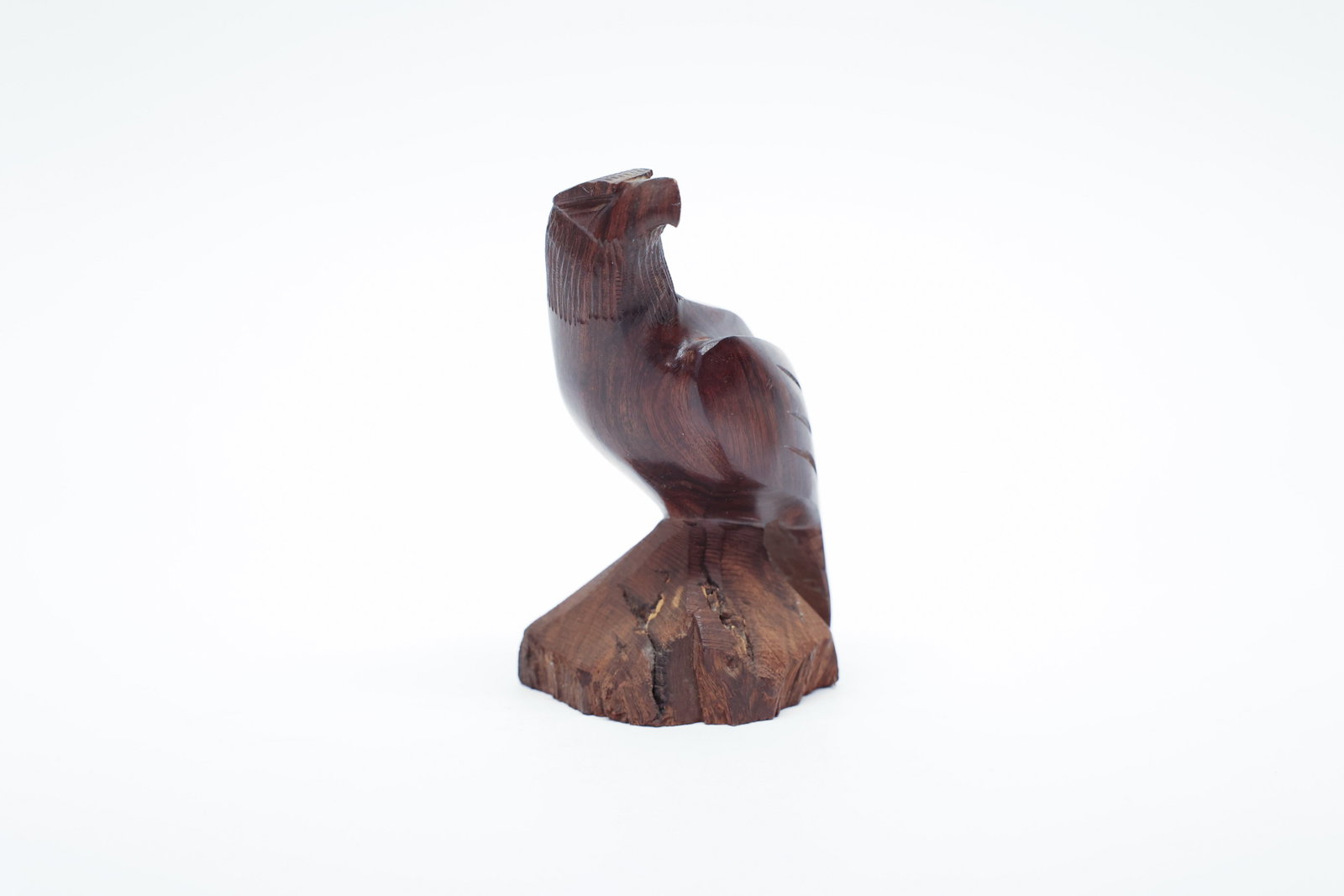 Ironwood Carved Eagle Sculpture, Mexican Folk Art: Hand-carved eagle figure crafted from a dense hardwood, likely ironwood, a material prized in Mexican folk carving, particularly among Seri artisans of Sonora, known for their finely detailed animal