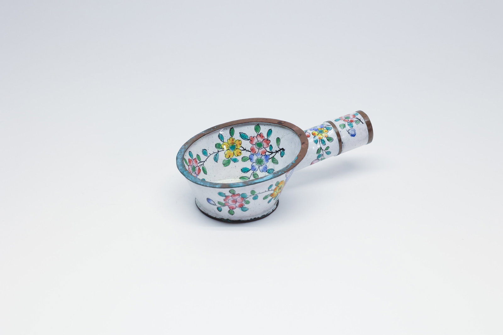 Vintage Chinese Enamel Silk Iron, Butterfly: This hand-painted enamel-on-copper piece is a traditional Chinese charcoal silk iron — the shallow bowl held a bed of hot coals, and its rounded underside was drawn across silk and other fine fabric