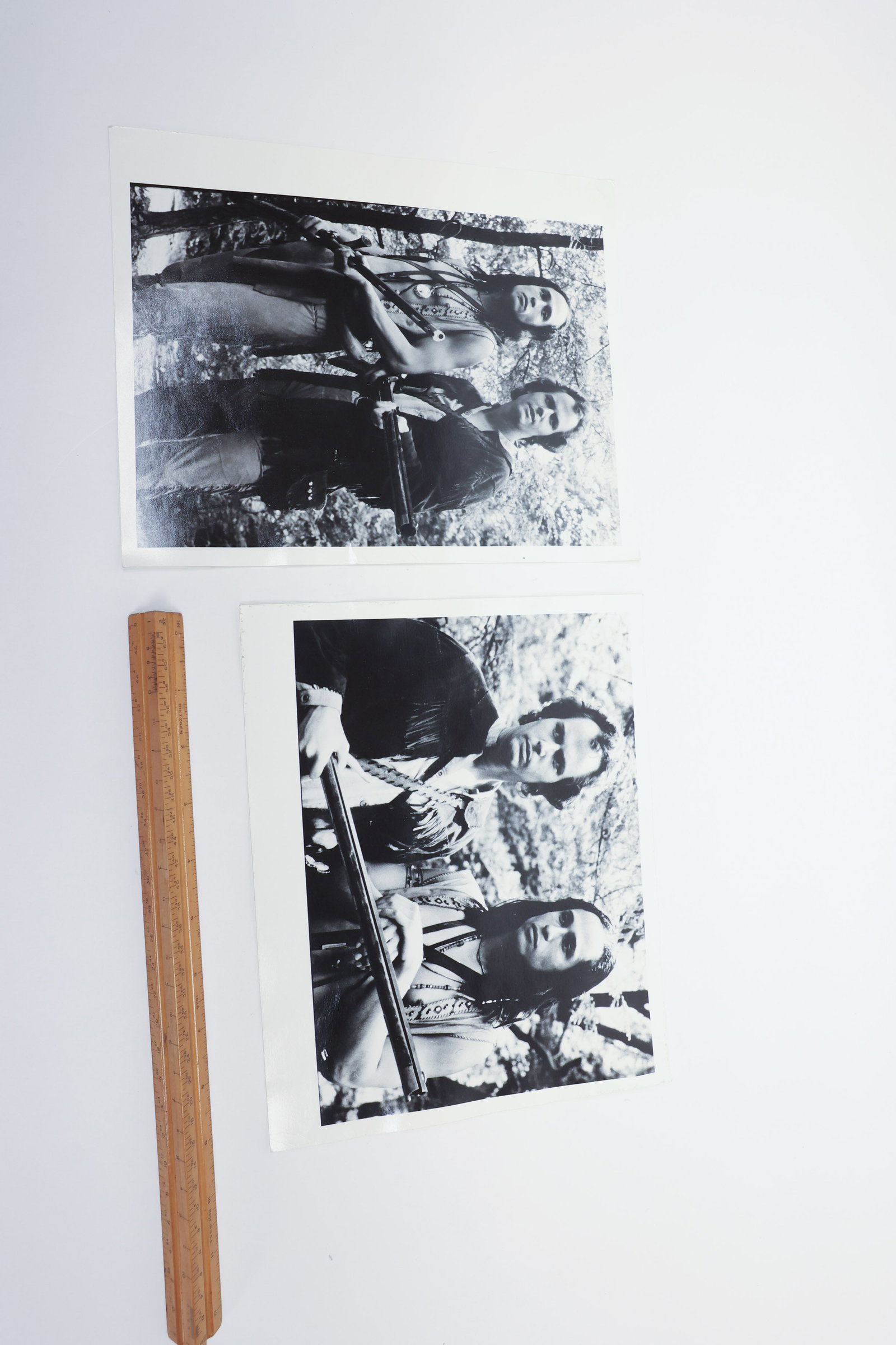 Vintage "Once Upon a Classic" Publicity Photos: Pair of black-and-white publicity photographs from the PBS series "Once Upon a Classic" (1979), each showing two actors in period frontier costume with fringed buckskin jacket and Native