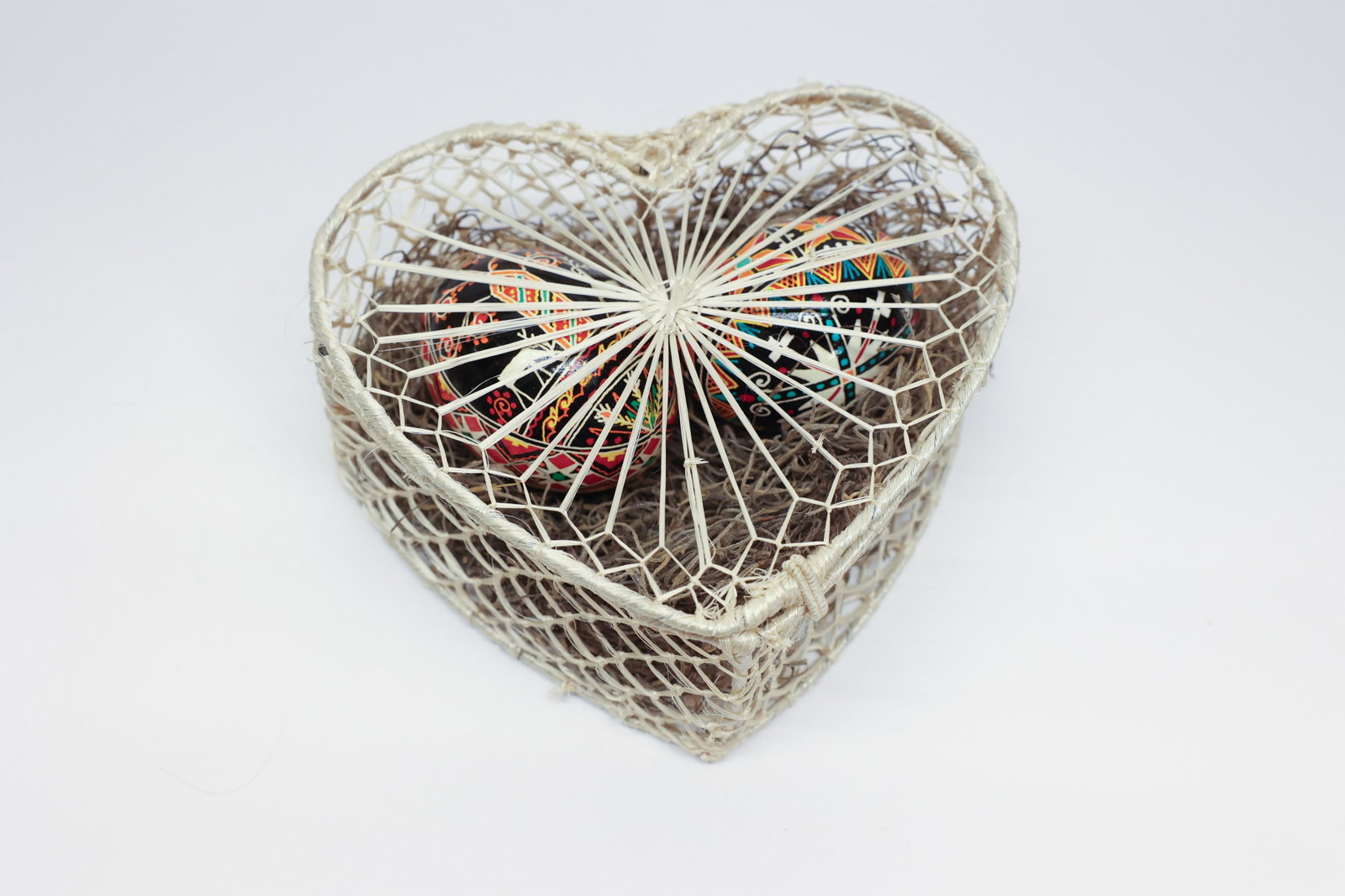 Pair Ukrainian Pysanky Eggs, Heart Basket (1 of 3)