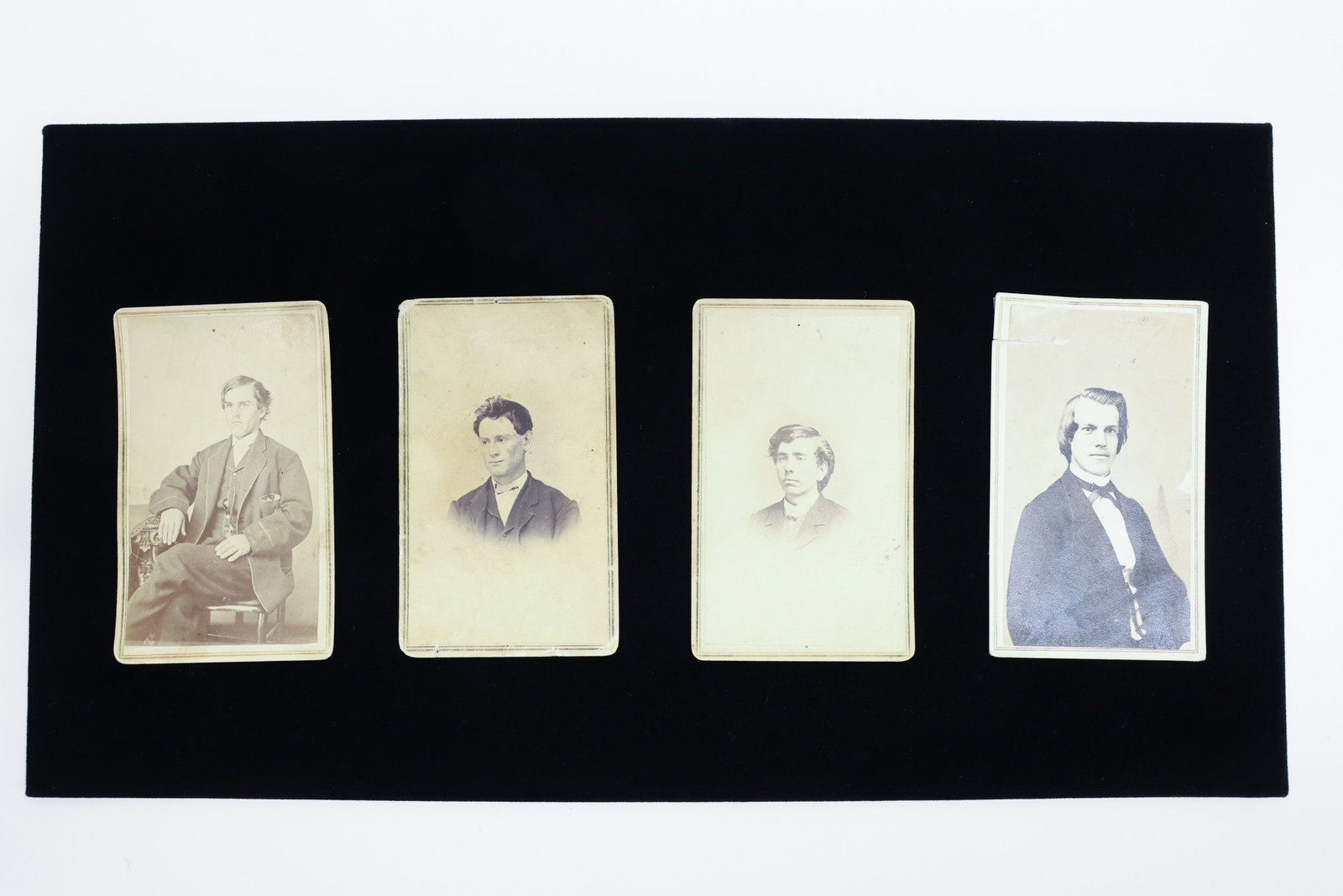 Lot of 4 Antique CDV Portrait Photos, Ohio: Description:Lot of four antique carte-de-visite (CDV) format photographs, each a studio portrait of a different gentleman, mounted on period card stock. The reverse sides carry printed photographer