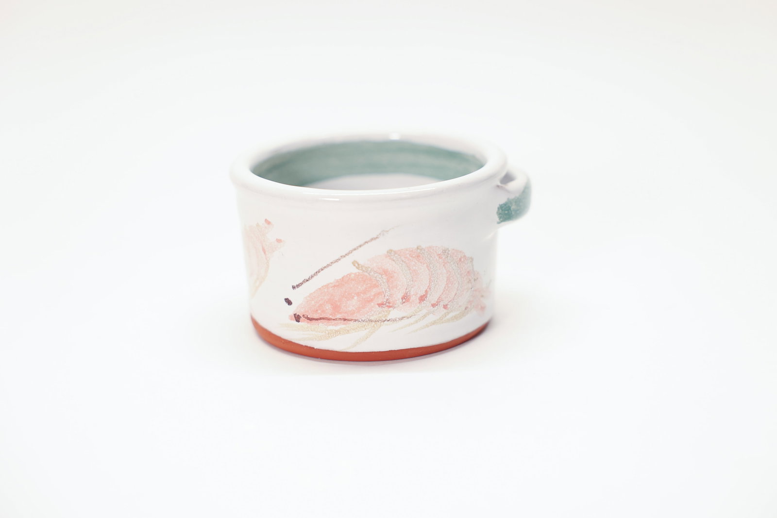 Hand Painted Shrimp Dish: Small dish with hand painted shrimp. 3 3/4 inches, diameter 2 1/4 inches deep. Marked on the bottom.Dimensions: H: 3.75", W: 2.25"