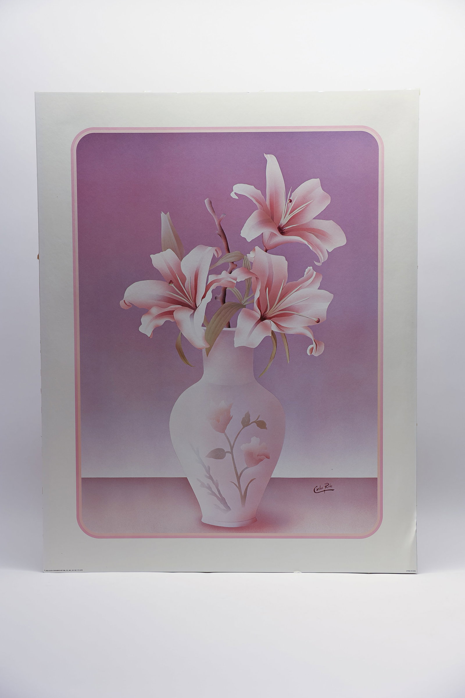 Poster Print by Carlos Rios: Poster print of a vase of stargazer lilies by Carlos Rios. Mid-century. 21 1/2" x 27".Dimensions: H: 27", W: 21.5", L: 1"