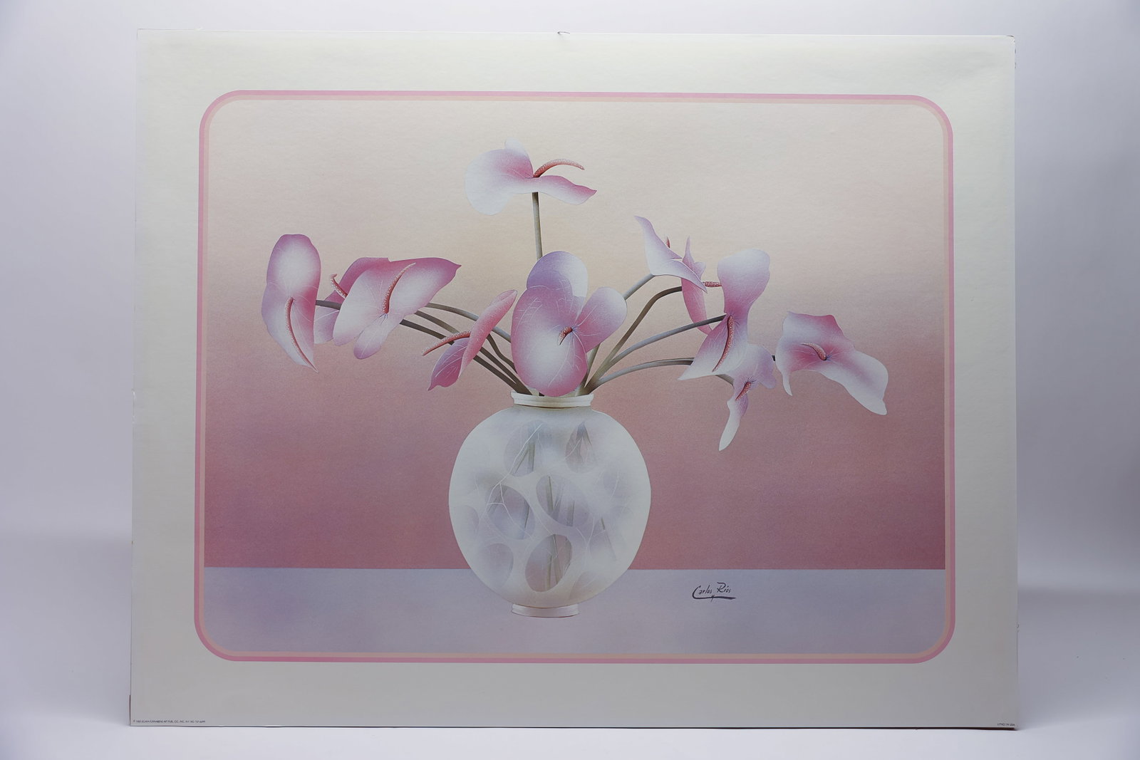 Carlos Rios Calla Lilies Poster, Mid-Century: Poster print of cala lilies in a vase by Carlos Rios. Mid-century. 21 1/2 x 27 inches.Dimensions: H: 21.5", W: 27", L: 1"