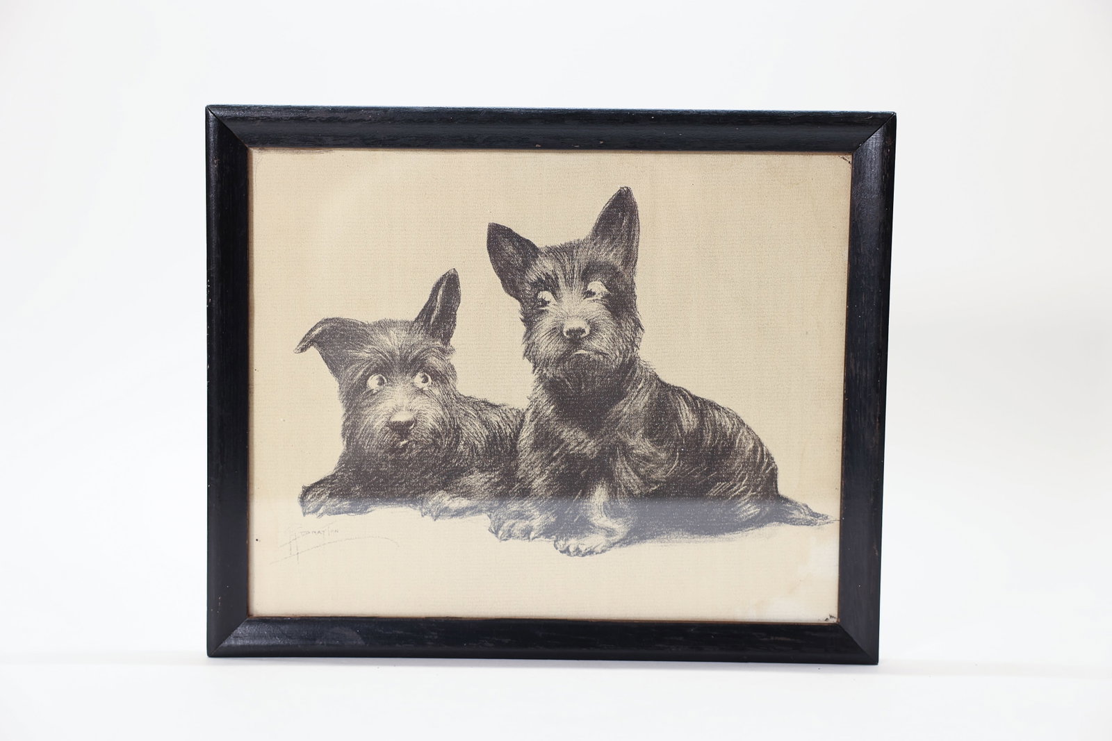 FF Drayton 'Check and Double Check' Print: Vintage framed print of two dogs looking at each other, titled Check and Double Check by FF Drayton. 10 3/4 x 8 3/4 inches.Dimensions: H: 8.75", W: 10.75", L: 1"