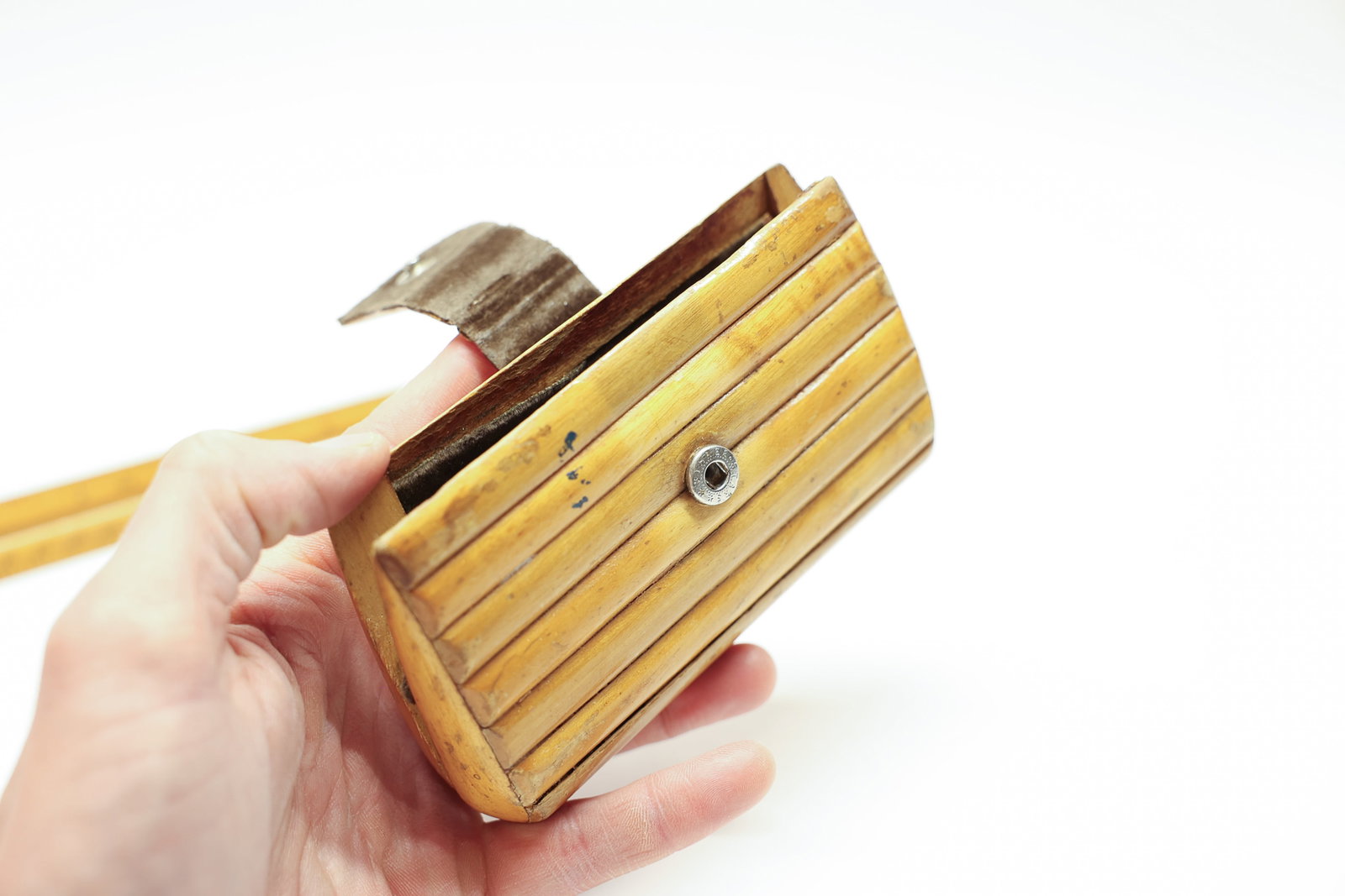 Wooden Handbag Clutch, Velvet Lined: Vintage wooden handbag clutch. Very cute piece. Could use a little glue and repair. Velvet lined. 5 1/2 inches across 3 inches tall and about an inch deep at the base.Dimensions: H: 3", W: 5.5", L: 1"
