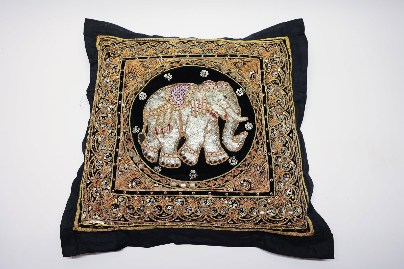 Burmese Kalaga Elephant Tapestry Pillow: Vintage Kalaga elephant tapestry turned into a pillow. Some missing beads, Kalagas don’t make very good pillows as they are quite delicate. The tapestry piece is 15 in square. Antique Burmese folk a