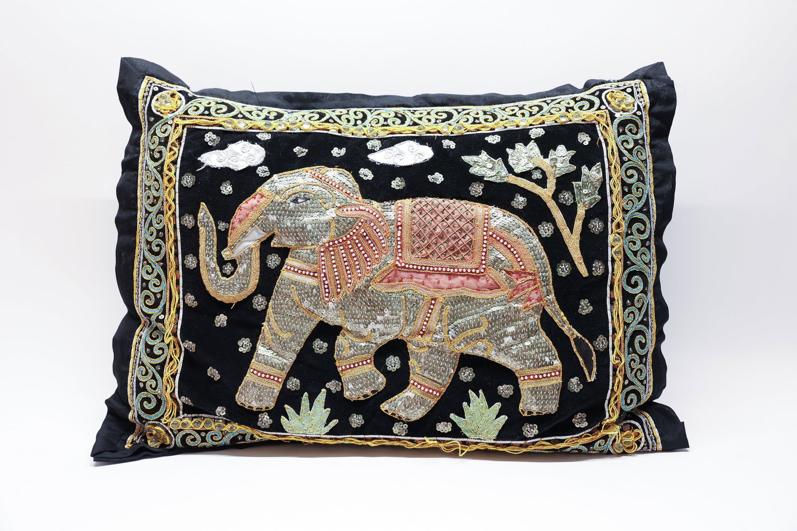 Burmese Kalaga Elephant Tapestry Pillow, Large: Vintage Kalaga elephant tapestry pillow. Elephant is very nice. This one is also missing some beads and there are some snags in the thread. Kalaga tapestries don’t make very good pillows because the
