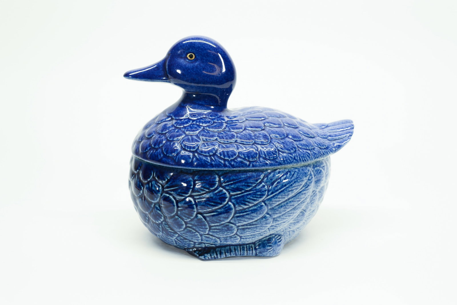 Cobalt Blue Ceramic Duck Tureen Box, Lid: Charming lidded ceramic duck-form tureen or decorative box finished in a rich, glossy cobalt blue glaze. Beautifully detailed with hand-carved feather texturing across the wings, body, and tail,